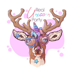 Hand drawn illustration of the cute deer with a magic unicorn horn Vector.