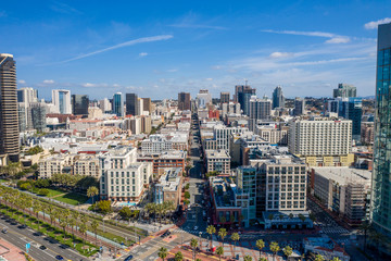 Aerial drone footage of an empty and desolate Downtown San Diego during the Covid-19 Coronavirus Pandemic of 2020. San Diego, California, USA.