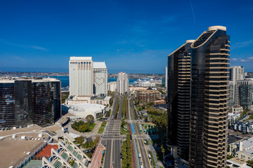 Aerial drone footage of an empty and desolate Downtown San Diego during the Covid-19 Coronavirus Pandemic of 2020. San Diego, California, USA.