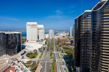 Aerial drone footage of an empty and desolate Downtown San Diego during the Covid-19 Coronavirus Pandemic of 2020. San Diego, California, USA.