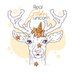 Hand drawn illustration of the cute deer with a magic unicorn horn Vector.