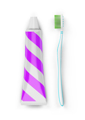 Paste tube and toothbrush. No trademarks. 3D Illustration.