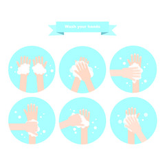 Washing hands with soap isolated on white background. Vector illustration. Icons in flat style.