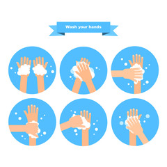 Washing hands with soap isolated on white background. Vector illustration. Icons in flat style.