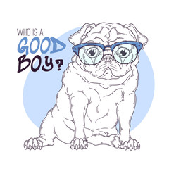 Hand drawn illustration of the cute pug dog in glasses Vector.