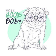 Hand drawn illustration of the cute pug dog in glasses Vector.