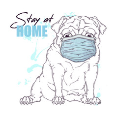 Hand drawn portrait of the pug dog  in a medical mask Vector.