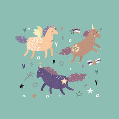 Set of cute fairy unicorns. Magic elements kids collection. Vector illustration for sticker, postcard, birthday invitation.
