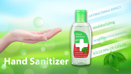 Hand Sanitizer gel ads. Antibacterial effect, antiseptic hand gel in bottles with leaves elements. Horizontal banner Best protection. Vector