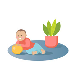 Obraz na płótnie Canvas Vector illustration of a child playing with a ball near a potted plant. Drawn in flat style in bright colors. For creating children's posters, printing on fabric, prints, stickers.