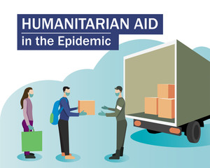 Vector poster with the text Humanitarian Aid in the Epidemic. Drawn in a flat style people standing for help on a white-blue background. For printing volunteer assistance for people.