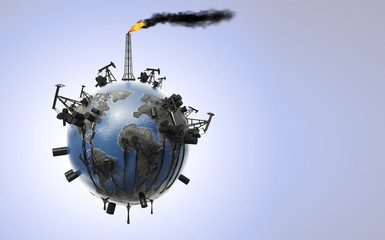 The concept of planet pollution with the oil industry from which oil flows and pollutes the environment, pipes with smoke and a drop of oil. Ecological catastrophy. Natural resources. 3D rendering. © skelington