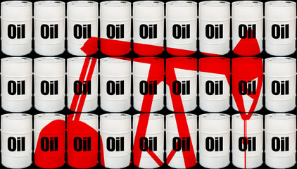Oil industry. Oil platform on the background of barrels of oil. Crude petroleum production. Fuel...