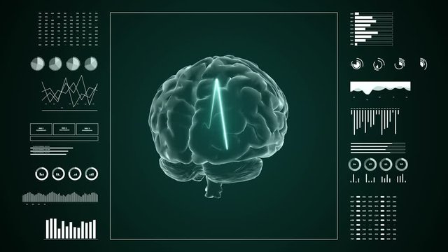 Medical UHD abstract animation. Laboratory dashboard interface. Human brian study on diagnostic computer display.