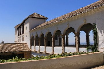 Fototapeta premium Court of the Sultana’s Cypress Tree (Patio de la Sultana) at Generalife gardens at Alhambra palace and fortress complex in Granada, Andalusia, Spain.