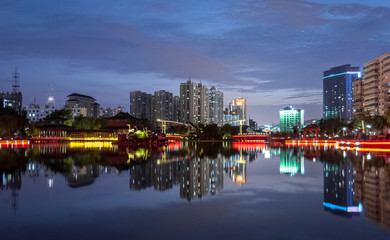 Nocturne view of the lake in the Yantan Park in Lanzhou (China)