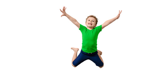 Happy little kid boy in green t-shirt on white background © Med Photo Studio