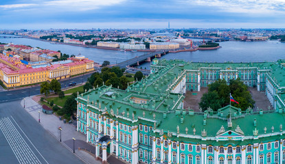 Saint Petersburg. Russia. Hermitage. Zinia Palace view from above. Panorama of St. Petersburg with a quadcopter. View of the Neva. Excursions to the Hermitage. Sights of Petersburg. Tour in Russia