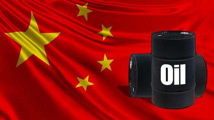 Petroleum. Oil barrels on the background of the Chinese flag. Concept - the purchase of China...