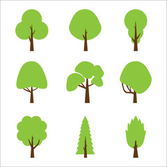 Fototapeta premium Kolekcja płaskich drzew. Zestaw izolowanych ikon drzew leśnych. Ilustracji wektorowych