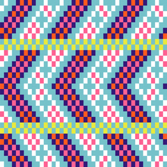 Chevron pixel art seamless pattern blue purple blocks shapes texture.