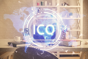 Double exposure of crypto technology theme drawing and office interior background. Concept of...