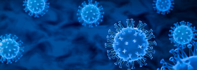 3D render: Corona virus - Schematic image of viruses of the Corona family in blue color. Selective focus - obrazy, fototapety, plakaty