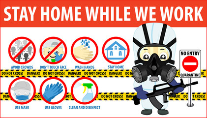 vector Coronavirus infographics. Prevention of CoV-2019 are shown for quarantine. Use mask and gloves, wash hands with soap, avoid crowds, don't touch face and stay home. Soldier with stripe barrier