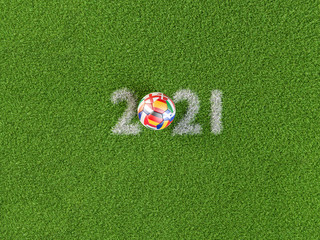 3D render: Soccer ball with flags of all hosts of EU Soccer Championship shifted to 2021 (Germany,...