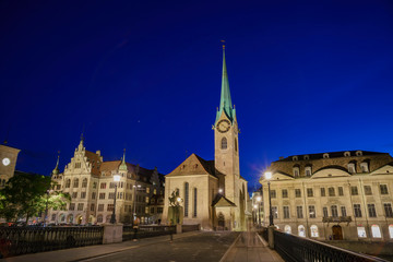 Fototapeta premium Night cityscape of Women's Minster, Zurich