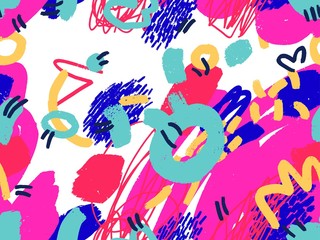 Seamless abstract doodle background pattern in bright summer positive colors. Hand-drawn abstract pattern with randomly arranged spots and dots and lines. Pencil and paint texture.