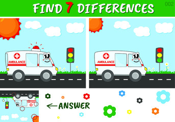Exercises for young children "Find 7 differences". Educational game for preschool with ambulance car. Vector illustration