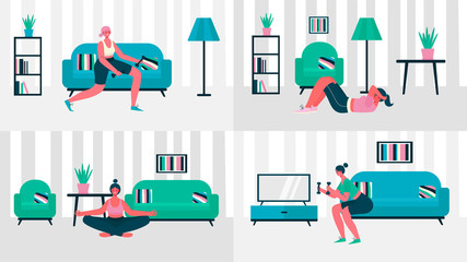 Woman exercising at home set. Woman doing workout indoor. Woman activities. Sport Healthy lifestyle, Fitness , Wellness Concept. Lunges, squat, yoga, crunches. Cartoon flat vector illustration.