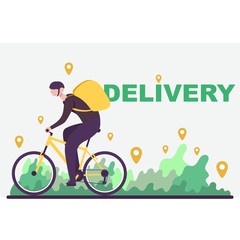 Сourier with a backpack rides a bicycle to deliver the package. Flat vector.