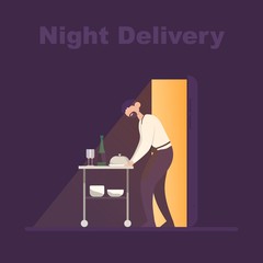 Delivery man takes out food and drink in the night city. Flat cartoon vector color icon.