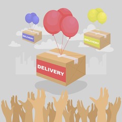 Packages in balloons over outstretched arms. Flat cartoon vector color icon.