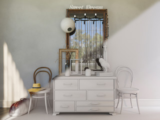 3d illustration of bedroom interior design. 3D render bedroom interior before and after texturing