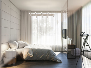 3d illustration of bedroom interior design. 3D render bedroom interior before and after texturing
