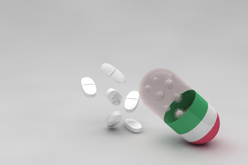 Medicinal capsule against Covid-19 with the flag of Italy and white medicinal pills against the epidemic and pandemic that attack Italy. 3d animation