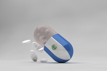Pill against epidemiological virus with the flag of El Salvador, Covid-19 virus particles and 500mg white medicine capsules. 3D animation
