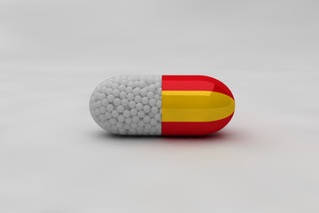 Pill with Spain flag on background and Medicinal particles against the covid-19 virus, a solution to combat the pandemic globally and especially in Spain