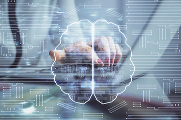 Multi exposure of woman hands working on computer and human brain hologram drawing. Ai tech concept.