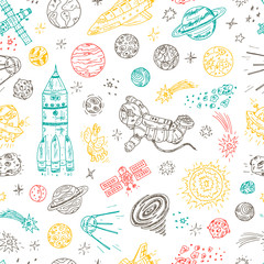 Hand drawn Space doodle Vector Seamless pattern. Colorful Space background © AllNikArt