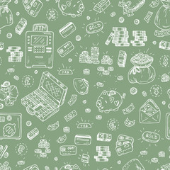 Financial and Business symbols. Hand drawn Doodles Money - Vector Seamless pattern