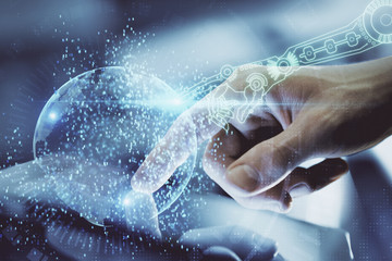 Multi exposure of man's hand holding and using a digital device and data theme drawing. Innovation concept.