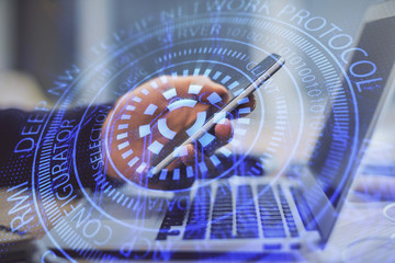 Multi exposure of man's hands holding and using a digital device and data theme drawing. Innovation concept.