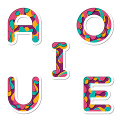 Paper cut vowel set. Realistic 3D multi layers papercut effect isolated on white background.