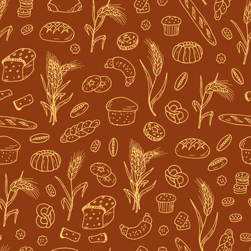 Bread products. Hand drawn Doodles Bakery and Wheat ears - Vector Seamless pattern