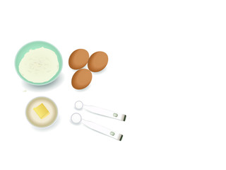 Obraz na płótnie Canvas Flat lay of pastry bake cooking ingredients with copy space illustration vector. Flour in bowl, butter, eggs and cooking spoon with sugar.