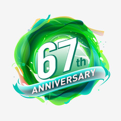 67 years Anniversary logo with colorful abstract background, vector design template elements for invitation card and poster your birthday celebration.